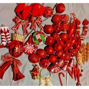 50+ Unbreakable Shatterproof Red Gold Christmas Ornament Lot Shapes Glitter Drop